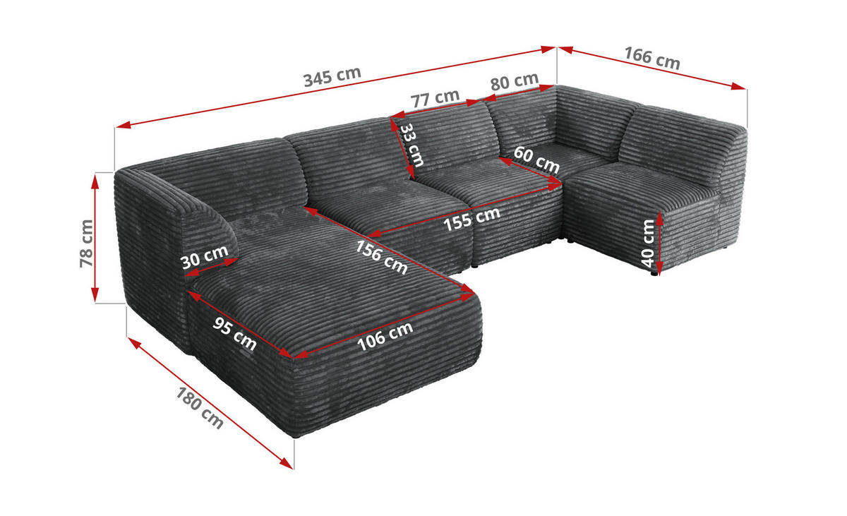 WOHNLANDSCHAFT MODARO U 5M - Dunkelgrau Cord - Links - Dunkelgrau/Schwarz, Textil (180/78/345cm) - MKS