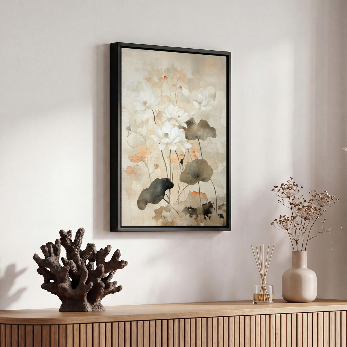 LEINWAND Bilder mit Rahmen - Blumen - Japandi - Wabi sabi - 20x30 - Sandfarben, Textil (20/30cm) - MuchoWow