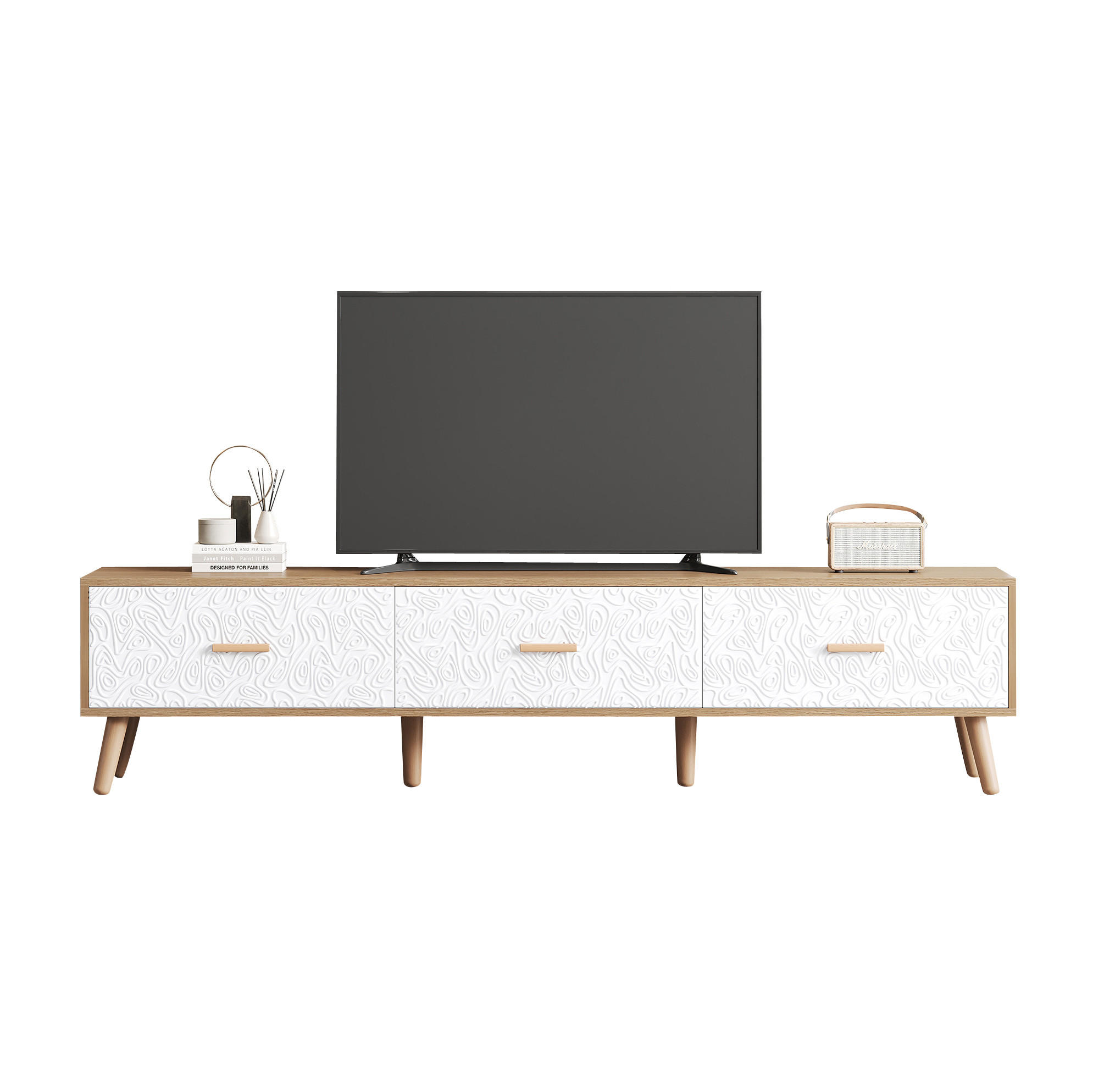 TV-LOWBOARD aus Spanplatte 150x39x35 cm Weiß/Holzfarben mit 3 Schubladen und Retro-Strukturfront - Weiß, Holzwerkstoff (150/39/35cm) - Modfu