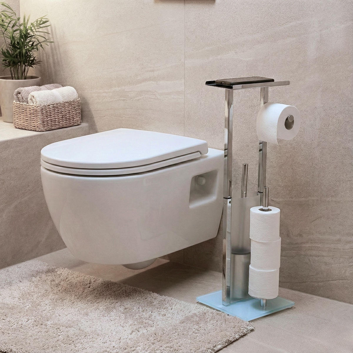 PAPIERSTÄNDER STILK mit Bürstenbehälter und Handyablage HYLA - Silberfarben, Metall (18/65/21cm)