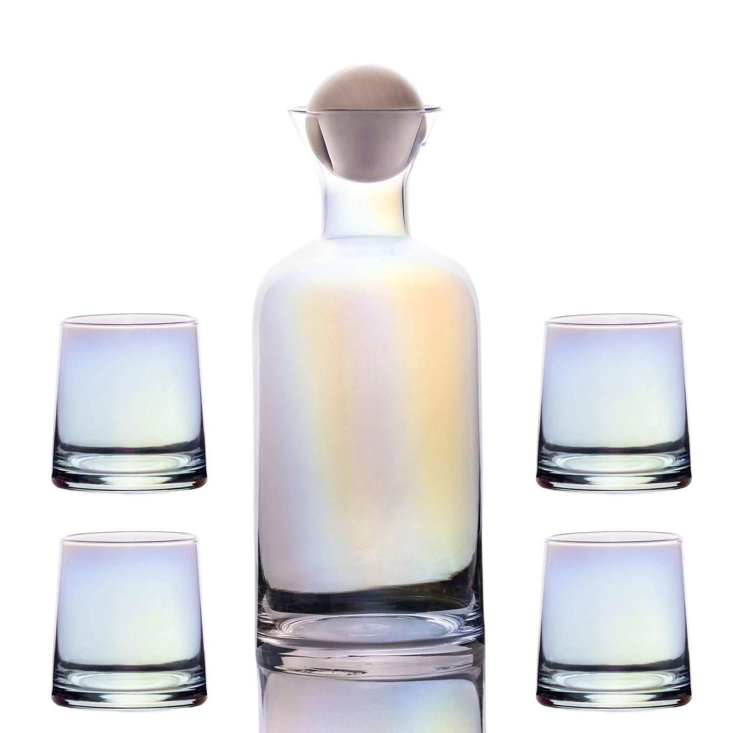 KARAFFE mit 4 Gläsern Set aus Glas mit Regenbogen Schimmer - Transparent, Glas (1.1L) - Intirilife