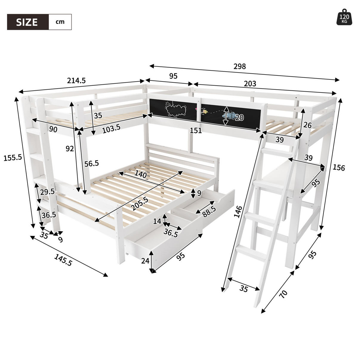 KINDERHOCHBETT 140/200 cm mit 2x 90/200 cm, Schreibtisch, Schubladen und Treppe aus Massivholz, Weiß/Eiche - Weiß, Holz (140/200cm) - Redom