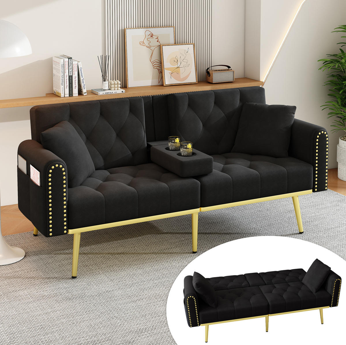 SCHLAFSOFA mit Liegefunktion 175 x 80 cm Samt Schwarz - Schwarz, Kunststoff (175/73.5/80cm) - Meubliv
