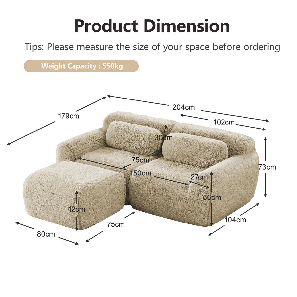 ECKSOFA 204/179/73 cm Hellkhaki aus Plüsch modular ohne Montage - Beige, Textil (179/204cm) - OKWISH