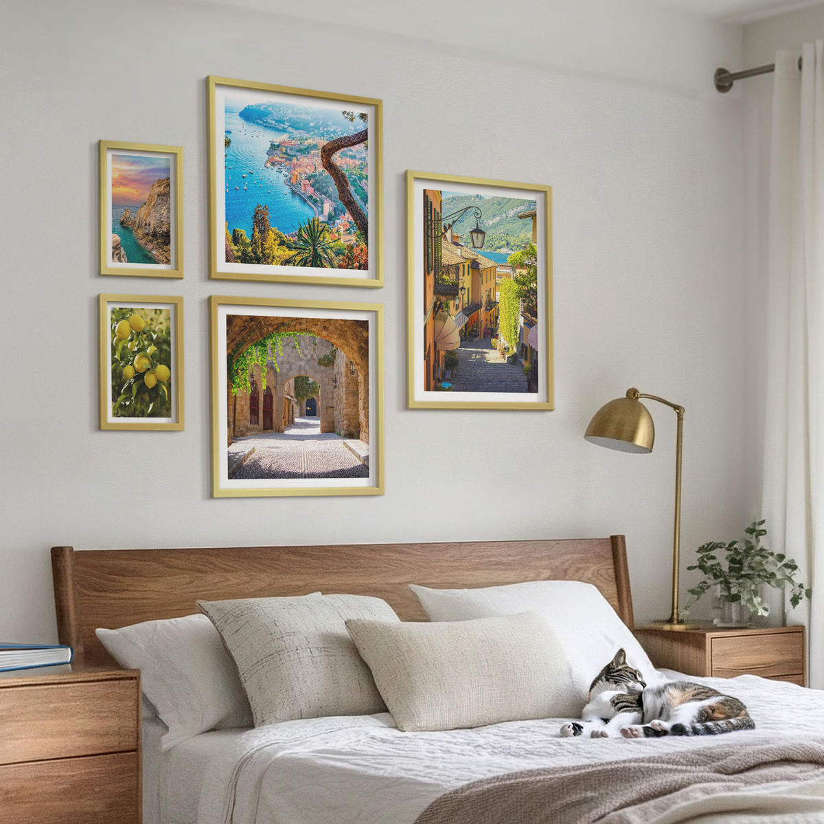 WANDBILDER 5er Set - 50x50 cm & 20x30 cm & 40x60 cm Goldrahmen - Bezaubernde Straßen voller Zitronenblüten - Goldfarben, Kunststoff (40/60cm) - ArtPrintCave