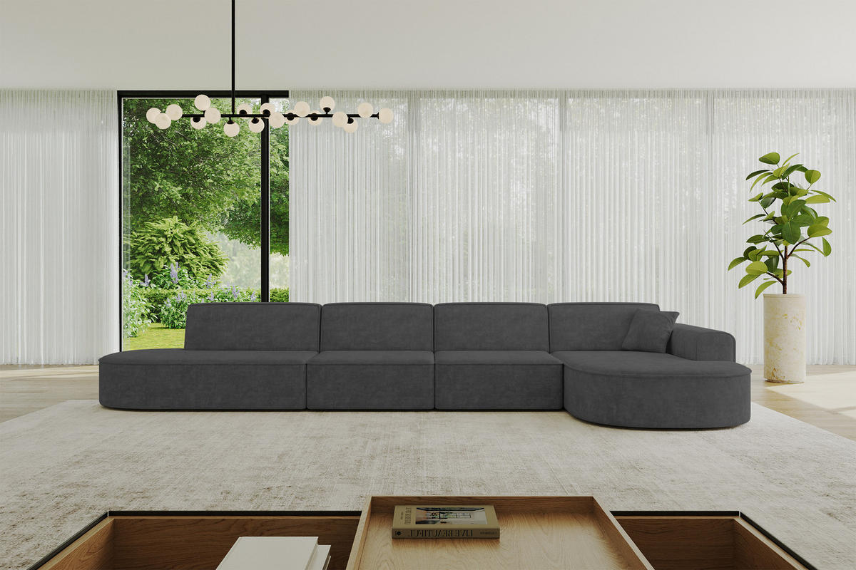 ECKSOFA Ottomane Rechts MARI-L3 - 413x171x79 cm Dunkelgrau Velours - Dunkelgrau/Schwarz, Holzwerkstoff/Kunststoff (171/413cm) - ALTDECOR