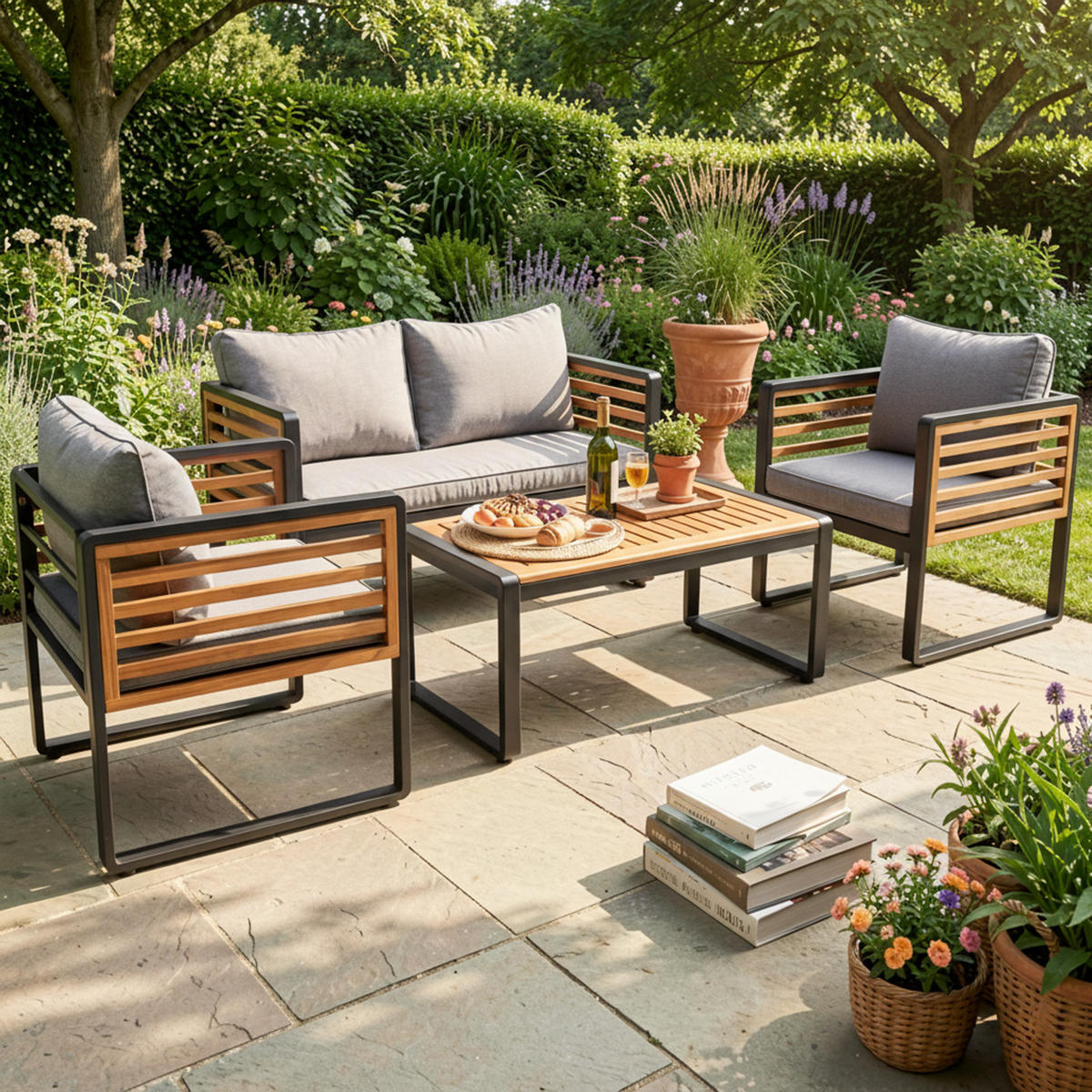LOUNGEGARNITUR 4-tlg. Eisen & Akazie Grau Gartensofa mit Tisch, 2 Sesseln & Kissen - Grau, Metall - Urban Meuble