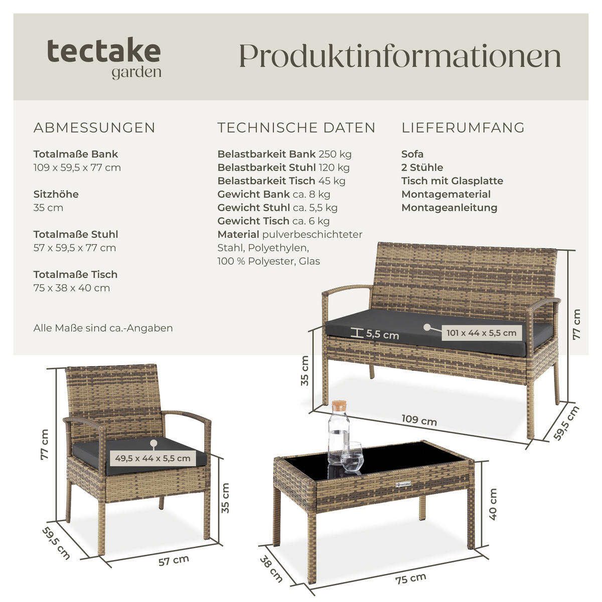 RATTAN SITZGRUPPE Sparta,schlanke Gestelle,natur - Naturfarben, Kunststoff - tectake