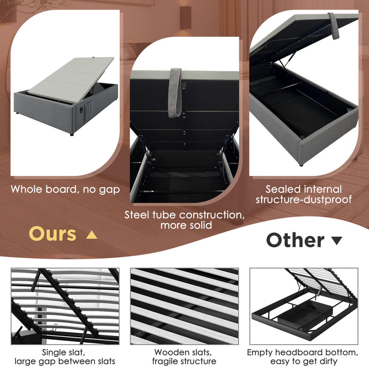 POLSTERBETT 90x200cm Einzelbett Stauraumbett mit USB-C & Lattenrost Grau - Grau, Holz - FLIEKS