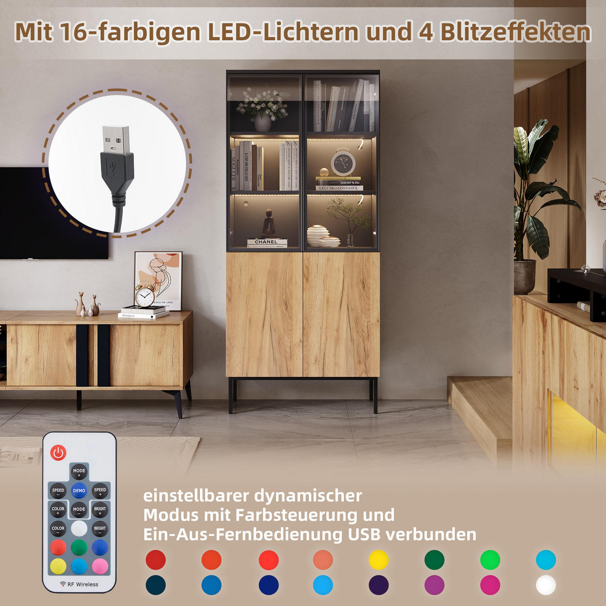 VITRINE mit Glastüren Schwarz und Eiche - Schwarz/Braun, Holzwerkstoff (31/180/74cm) - Urban Meuble