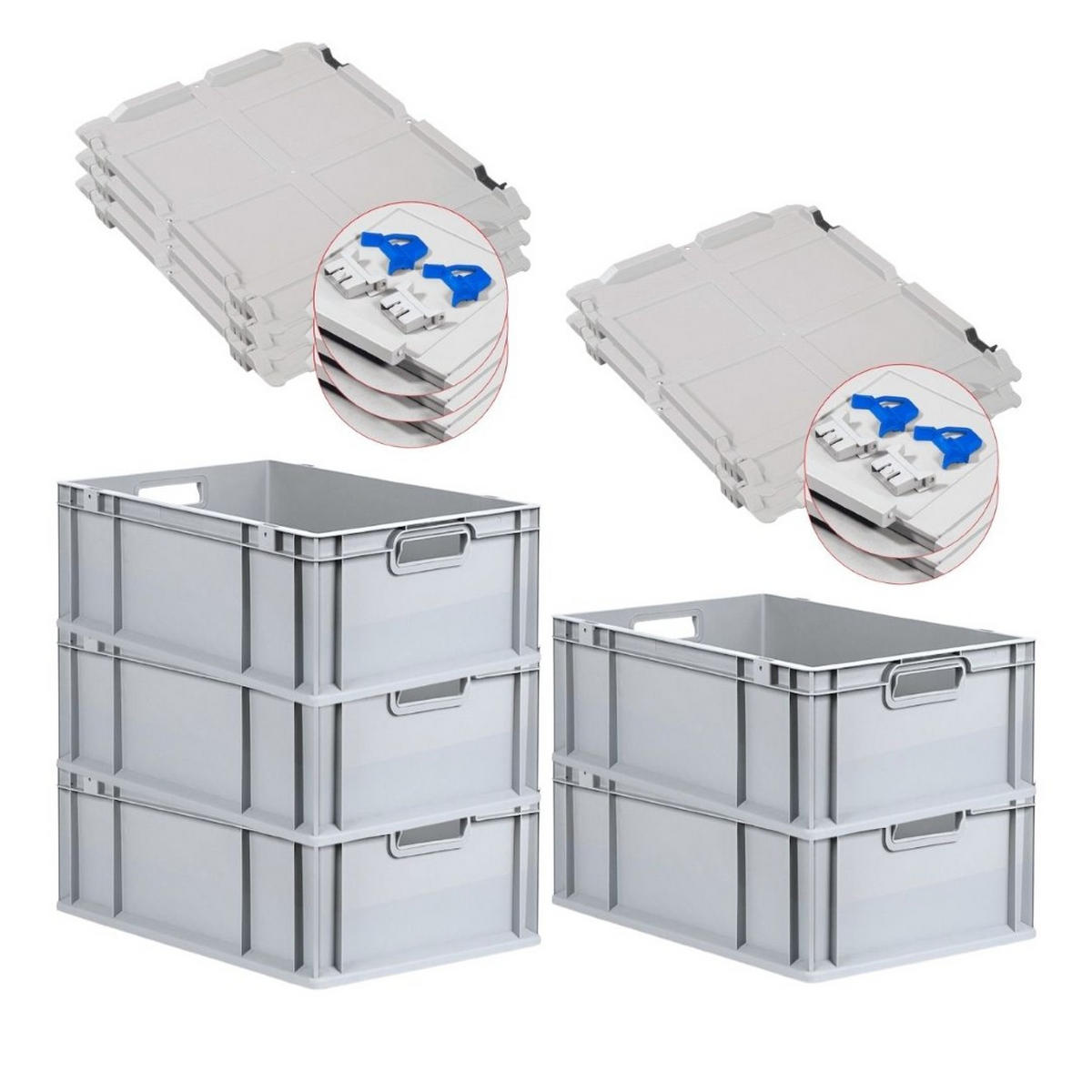 EUROBOX 5x Nextgen Economy Mit Scharnierdeckel Grau/BlauGriffe Offen 44 Liter - Blau, Kunststoff (40/22/60cm) - PROREGAL