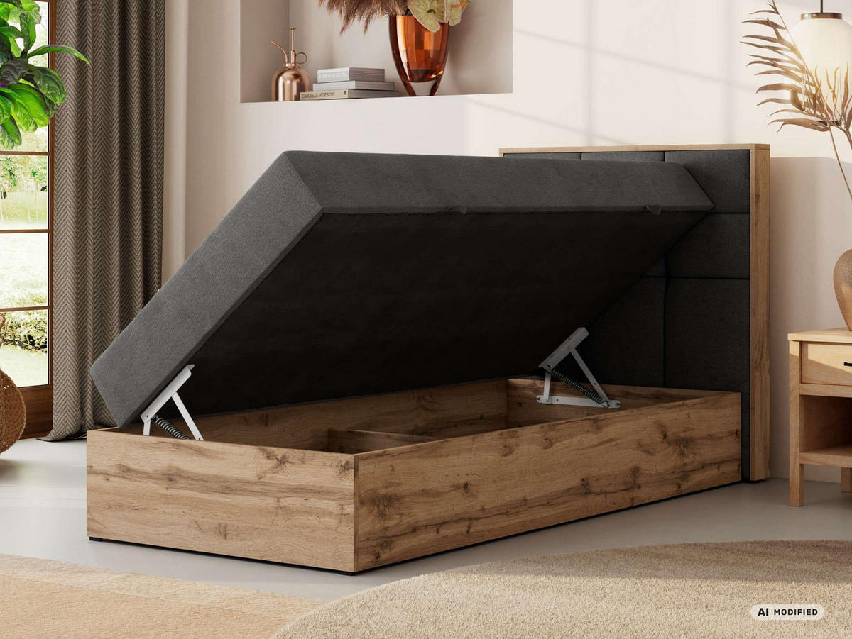 BOXBETT ALBERO 1 90/200 - Dunkelgrau Velvet - Topper T25 - H4 - Rechts - Dunkelgrau/Schwarz, Kunststoff/Textil (90/200cm) - MKS
