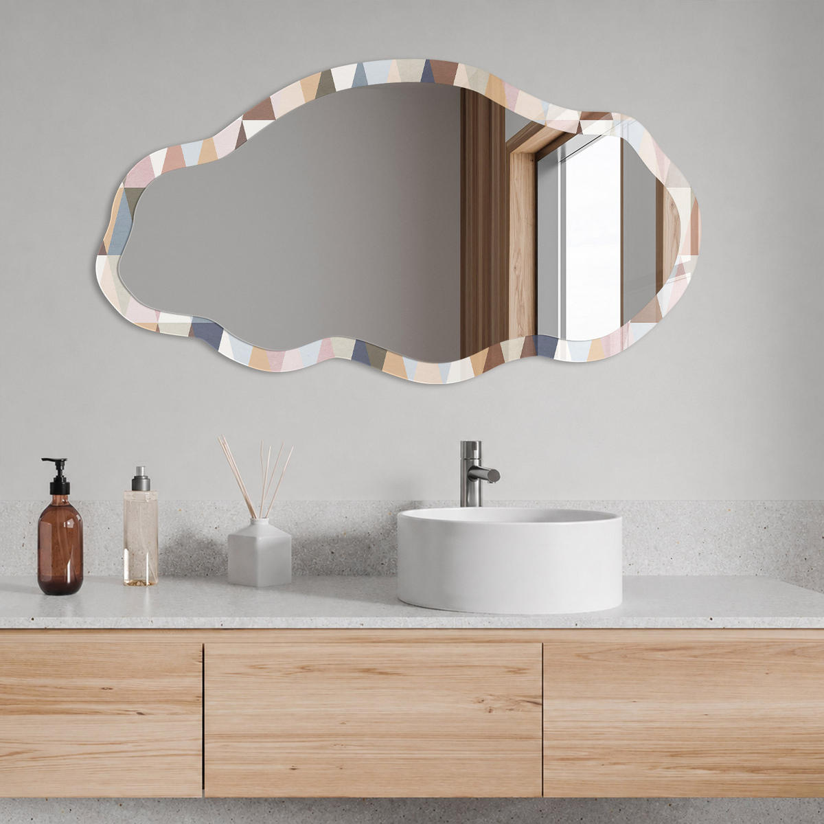 SPIEGEL 90x45 cm asymmetrisch mit Druck - Pastellgeometrie - Transparent, Glas (45/90/0.4cm) - TULUP