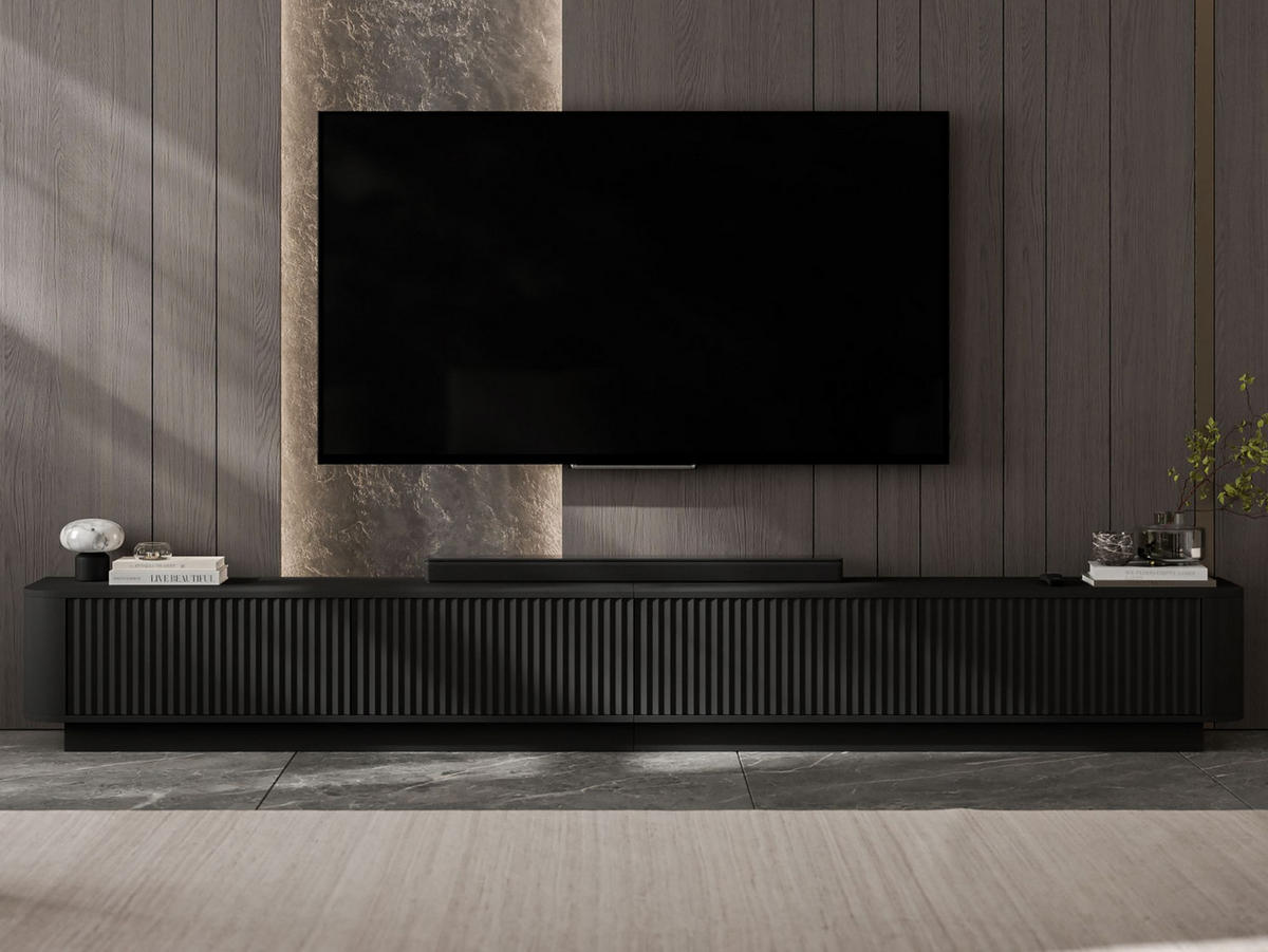 TV skrinka Aurora, set 2 kusov so soklom, matná čierna, 280 cm - čierna, kompozitné drevo (280/37/35cm) - Meble Lindner