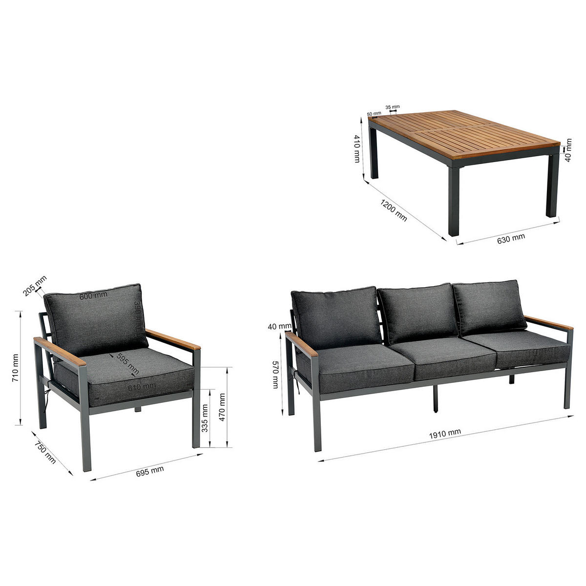 LOUNGESET - 4-teilig - Webstoff / Akazie massiv - Grau / Akazie Braun - Grau, Holz/Textil - home24