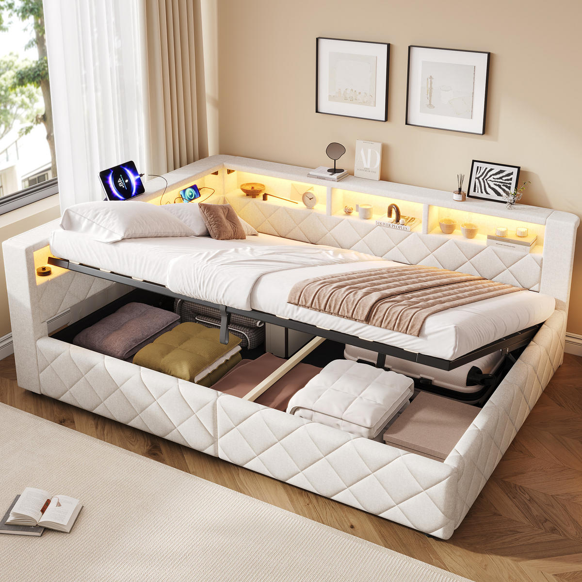 SCHLAFSOFA 140 x 200 cm, Beige, Leinen, LED, USB - Beige, Naturmaterialen (140/200cm) - FLIEKS