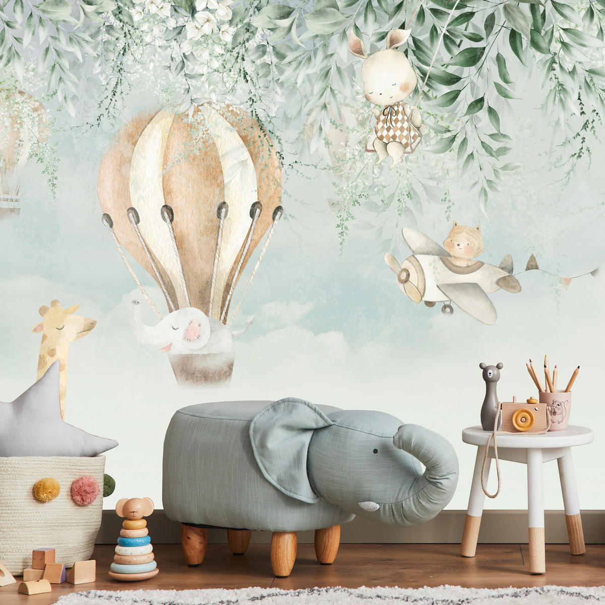 FOTOTAPETE Für Kinder TIERE Luftballons Blätter Blumen Wolken 460x300cm - Beige/Braun, Papier (460/300cm) - Muralo