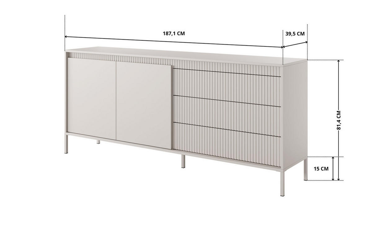 SIDEBOARD Ferrato C 187 cm Beige - mit 2 Türen und 3 geriffelten Schubladen rechts - Beige, Holz/Holzwerkstoff (187/81/39cm) - Ravio