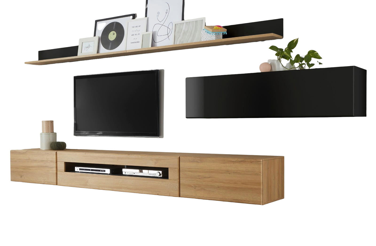 WOHNWAND schwarz Hochglanz, Grandson Eiche, Anbauwand 340 cm - Schwarz Hochglanz/Eichefarben, Holzwerkstoff (340/200/48cm) - Furn.Design