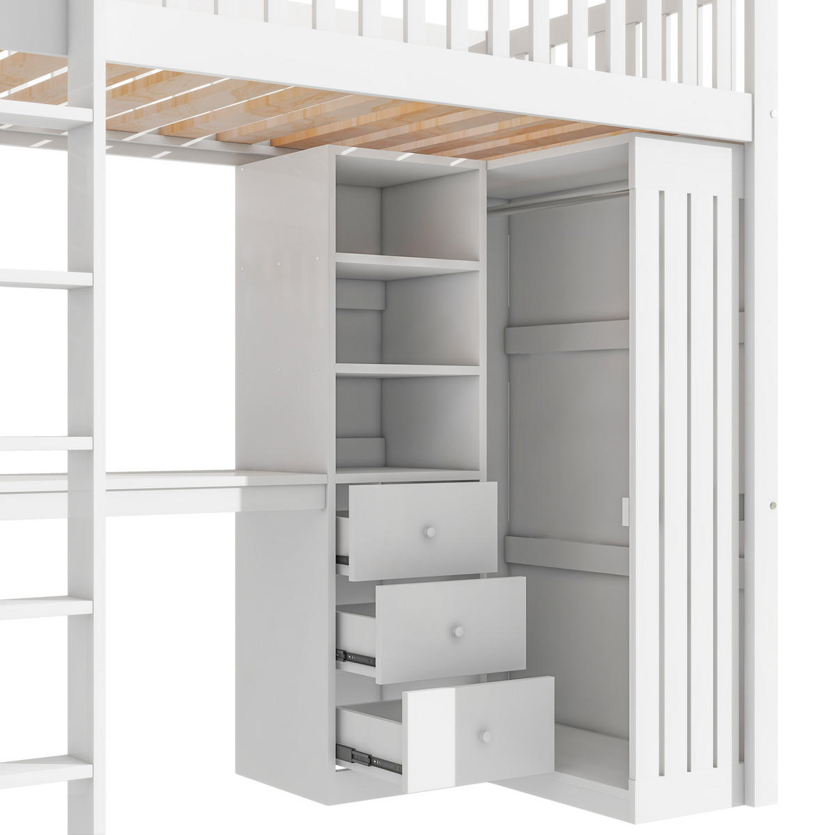 VYSOKÁ posteľ 90/200 cm biela z borovice a MDF s písacím stolom šatníkom 3 zásuvkami a schodmi - biela, drevo (90/200cm) - OKWISH