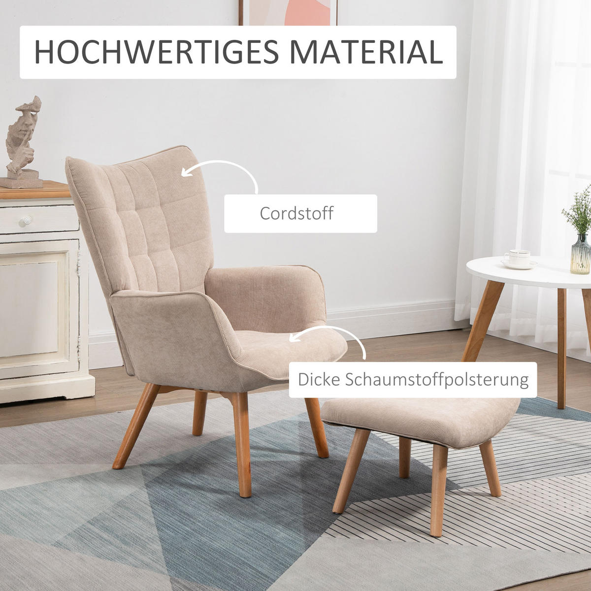 OHRENSESSEL mit Hocker, Relaxsessel, Polstersessel in Cord-Optik, mit Holzbeine - Beige, Holz (80/101/72cm) - HOMCOM