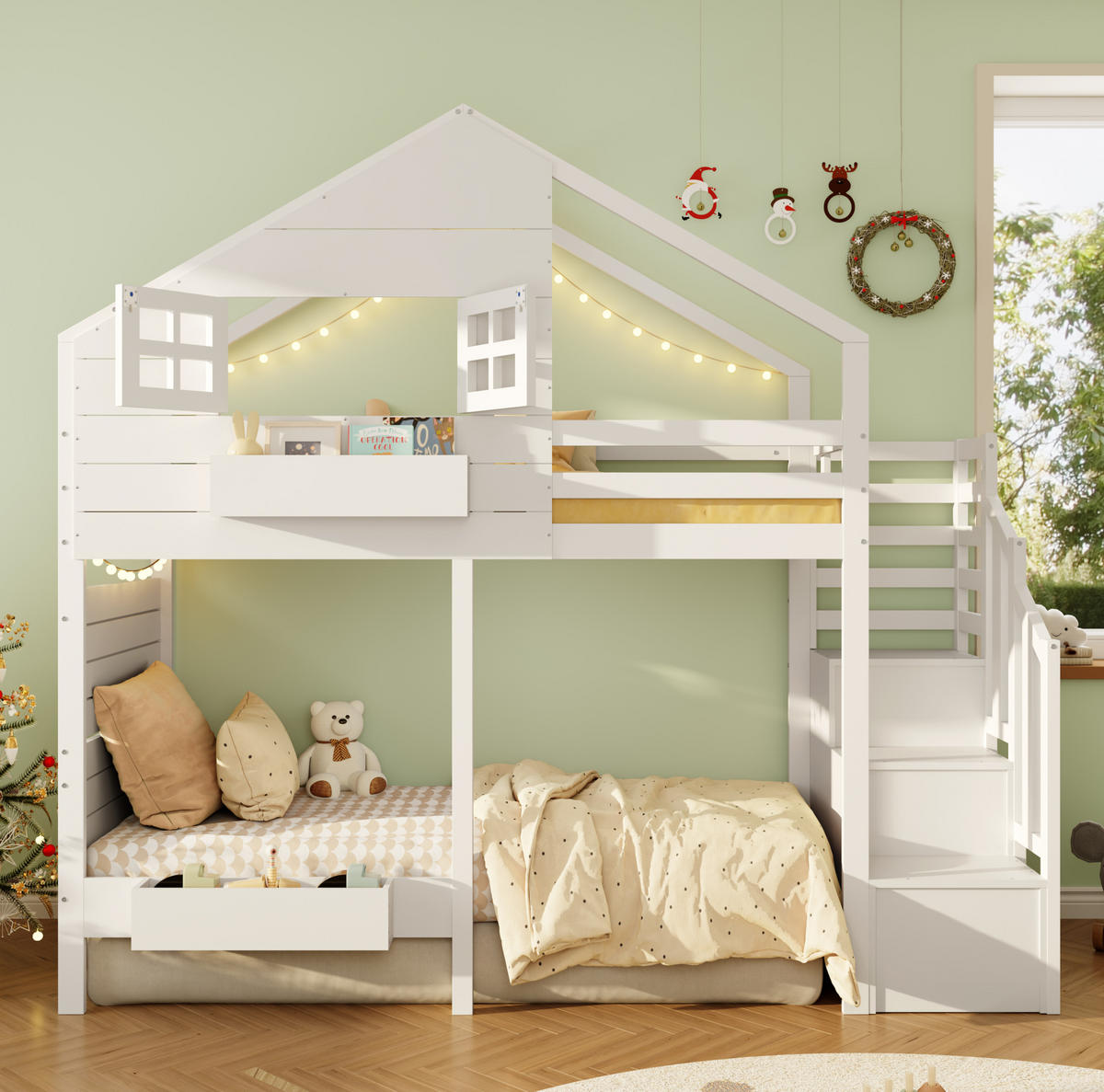 ETAGENBETT 90/200 cm Weiß aus Kiefer Massivholz mit Stauraumtreppe und Fenster - Weiß, Holzwerkstoff (90/200cm) - OKWISH