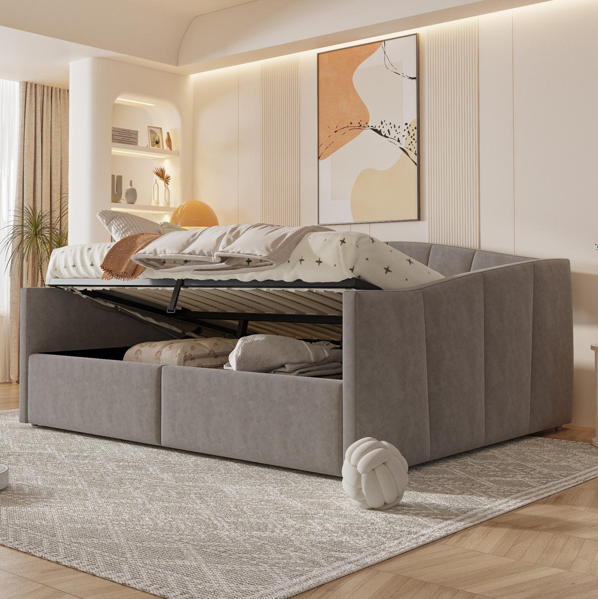 POLSTERBETT Schlafsofa 140/200 cm mit hydraulischem Bettkasten, Lattenrost und Armlehnen aus Samt, Grau - Dunkelgrau, Leder (140/200cm) - Redom