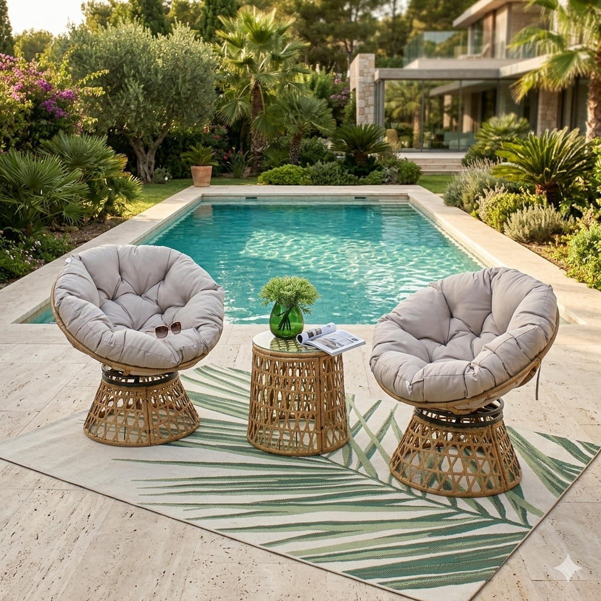 GARTENLOUNGE-SET Papasan Braune mit 2 drehbaren Sesseln und 1 Tisch - Braun, Metall - Concept Usine