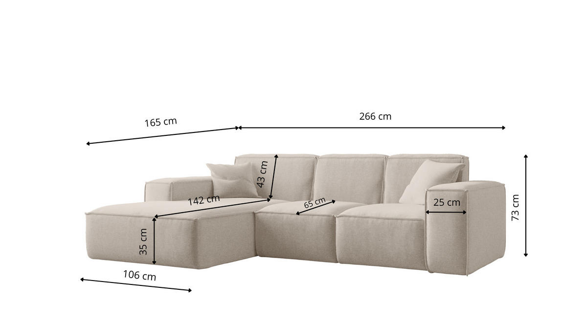 ECKSOFA L-Form Siena Stoff Maloy Beige Links - Beige, Holz (165/266cm) - Kaiser Möbel