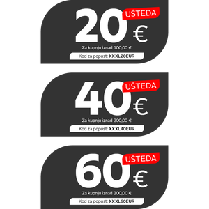 Ušteda 20 € za kupnju iznad 100,00 € kod za popust XXXL20EUR / Ušteda 40 € za kupnju iznad 200,00 € kod za popust: XXXL40EUR / Ušteda 60 € za kupnju iznad 300,00 € kod za popust XXXL60EUR