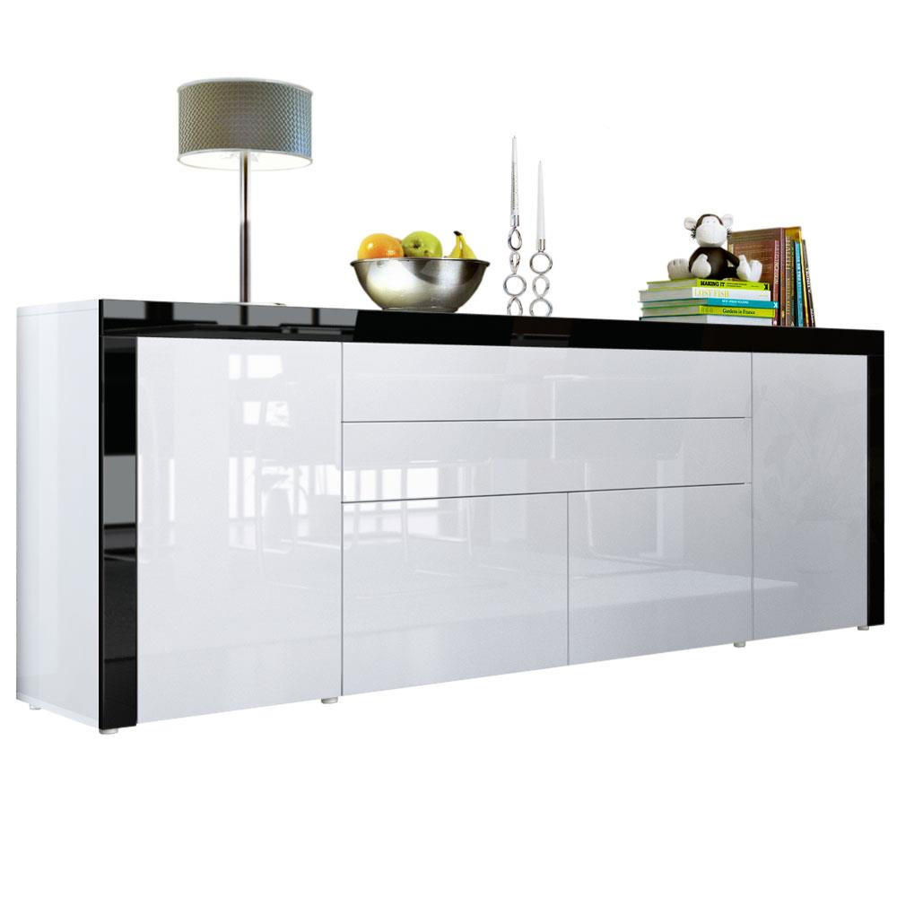 Vladon Sideboard Weiß Hochglanz, Schwarz 200x72x35 cm