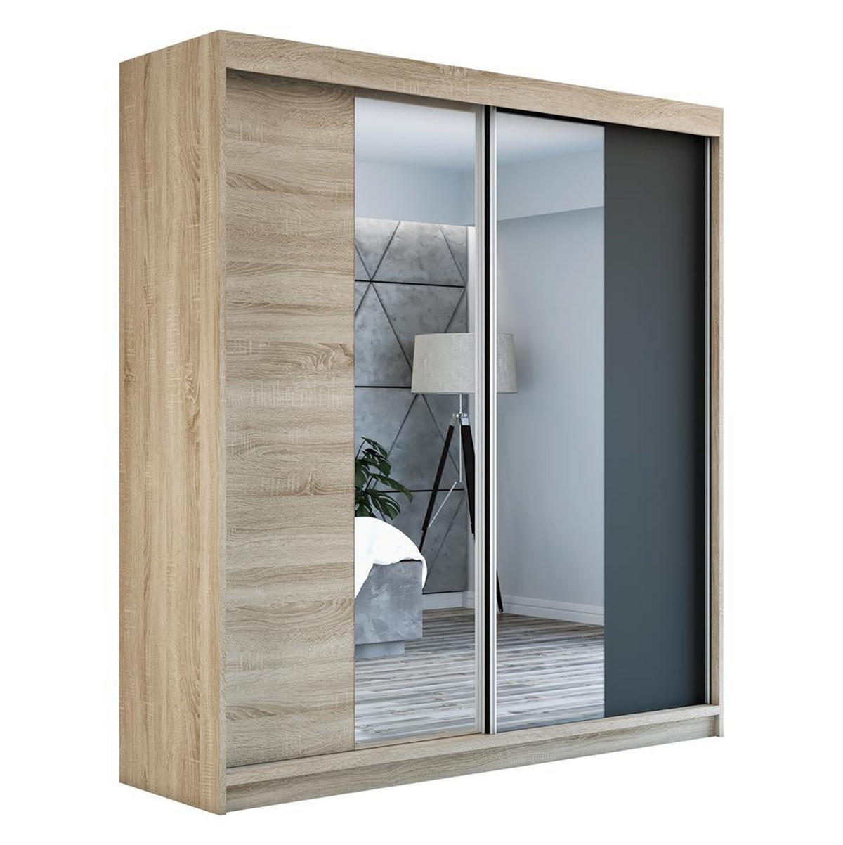 SCHWEBETÜRENSCHRANK 120 CM NEO Farbe: Sonoma / sonoma / schwarz - Schwarz/Braun, Holzwerkstoff (120/215/59.5cm) - A&J MöbelLand