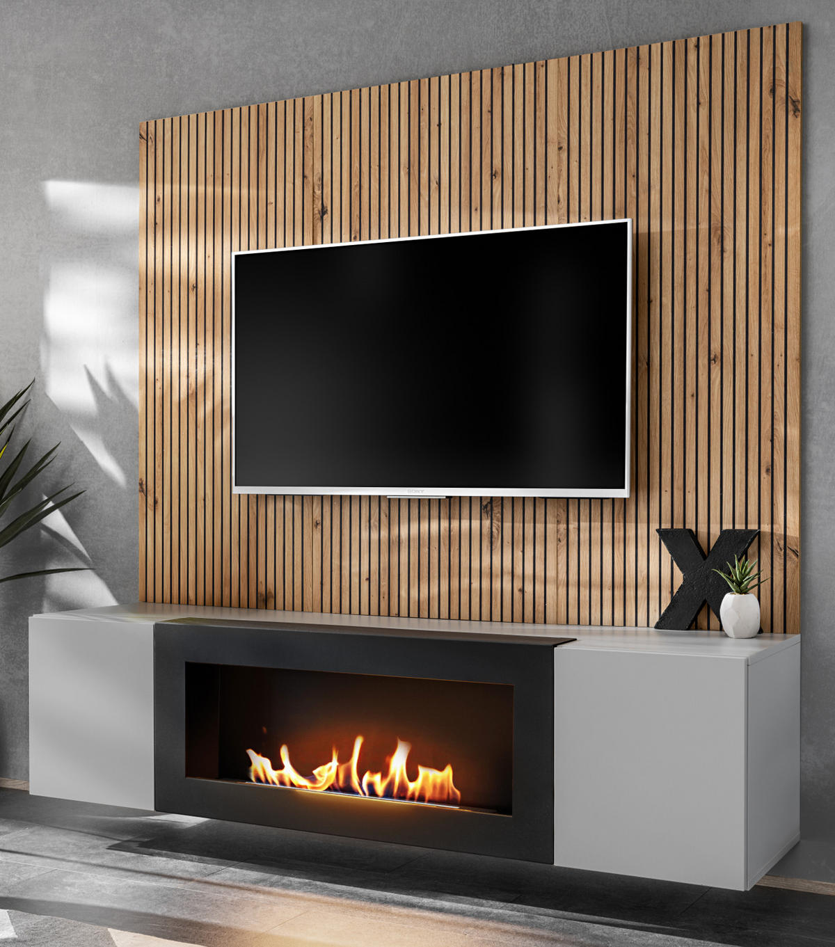 TV-LOWBOARD grau, Eiche Artisan 160, TV-Unterschrank mit Ethanpol Kamin und Akustikpaneel - Hellgrau/Schwarz, Glas/Holzwerkstoff (160/148/35cm) - Inn.Furn