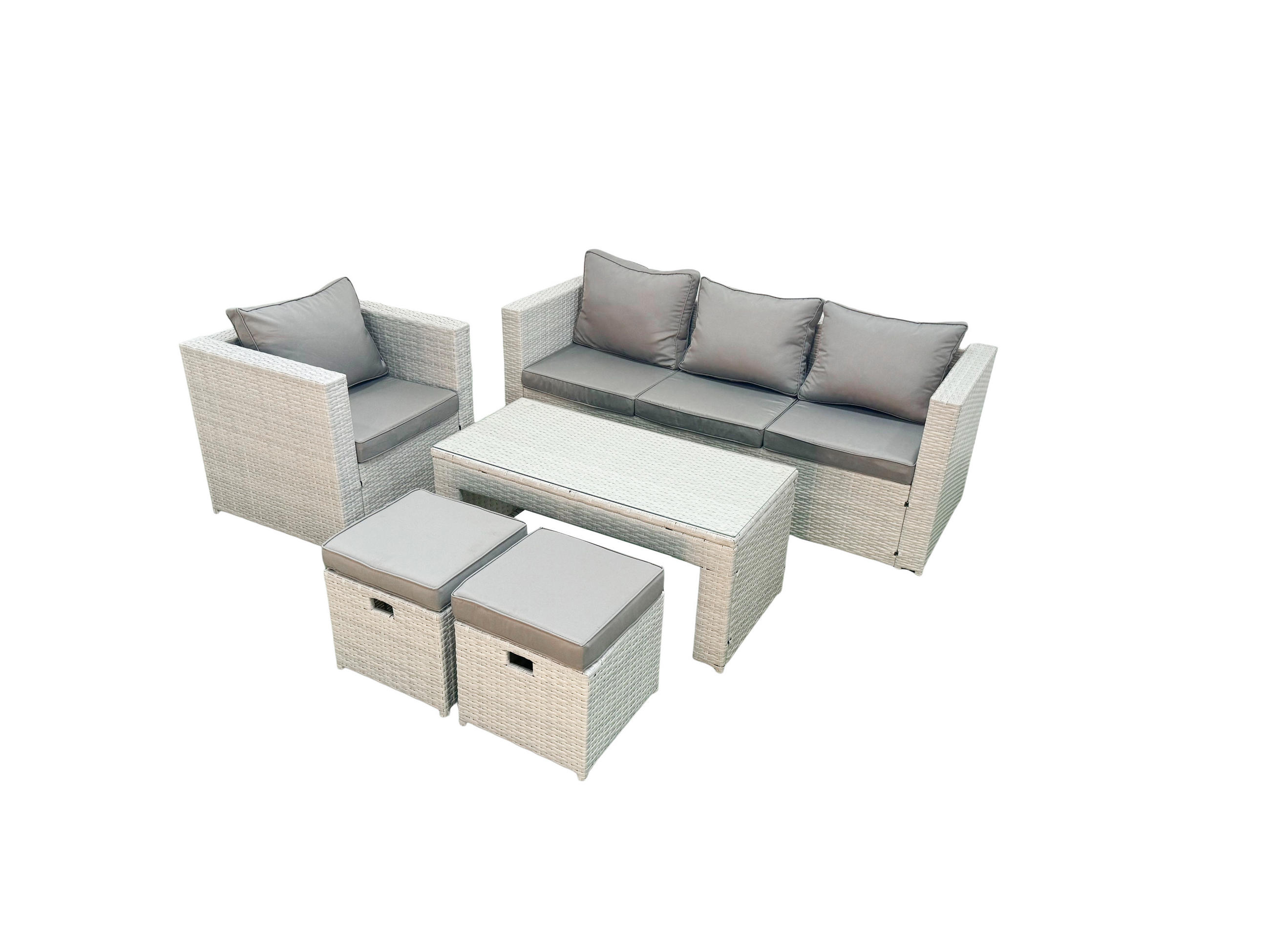GARTENSET mit 3-SITZER SOFA,COUCHTISCH Polyrattan Hellgrau-Mix 6-Sitzer - Hellgrau/Grau, Glas/Kunststoff - Fimous