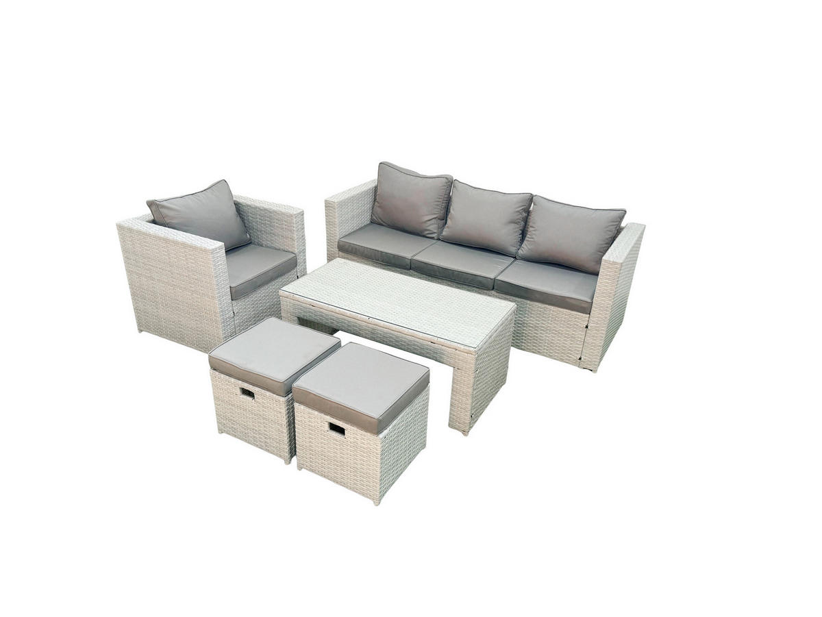 GARTENSET mit 3-SITZER SOFA,COUCHTISCH Polyrattan Hellgrau-Mix 6-Sitzer - Hellgrau/Grau, Glas/Kunststoff - Fimous