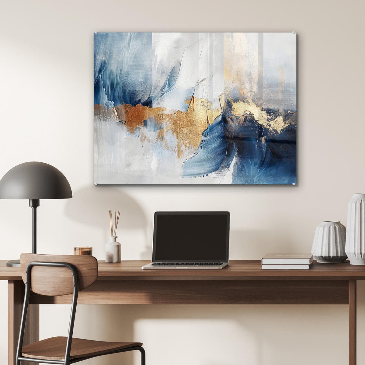 ACRYLGLASBILD Gold - Blau - Aquarell - Kunst - Modern 80x60 cm - Hellblau, Glas (80/60cm) - MuchoWow