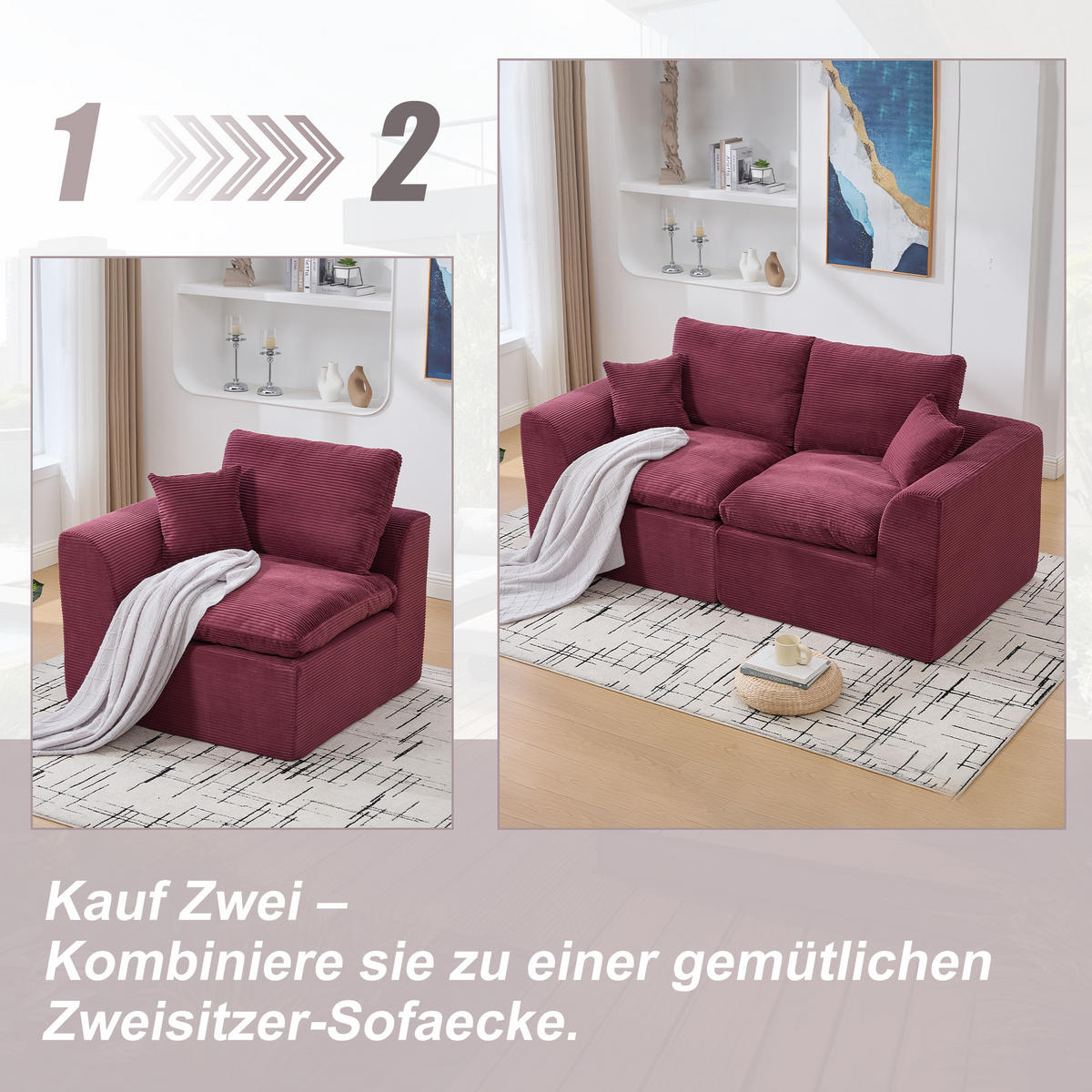 SESSEL Cord-Sofa mit Federkern-Polsterung und Kissen, Montagefrei - Dunkelrot, Textil (101/84/102cm) - Urban Meuble