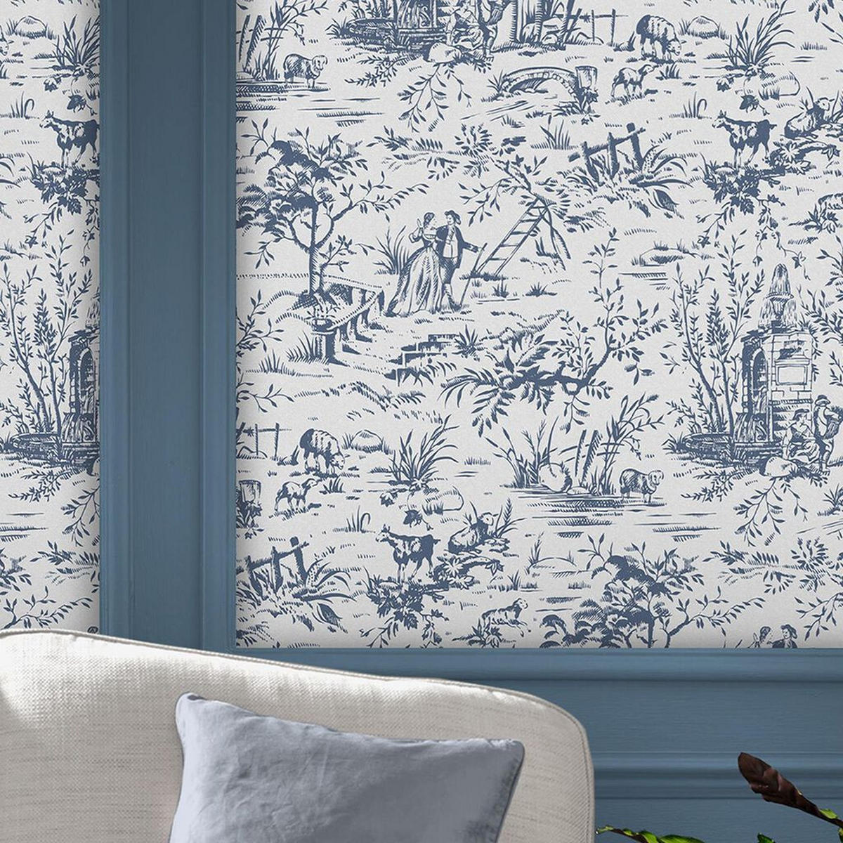 VLIESTAPETE Toile de Jouy Dark Seaspray | Blau Weiß | Ländlich | 10mx52cm - Blau, Papier/Kunststoff (52/1000cm) - LAURA ASHLEY