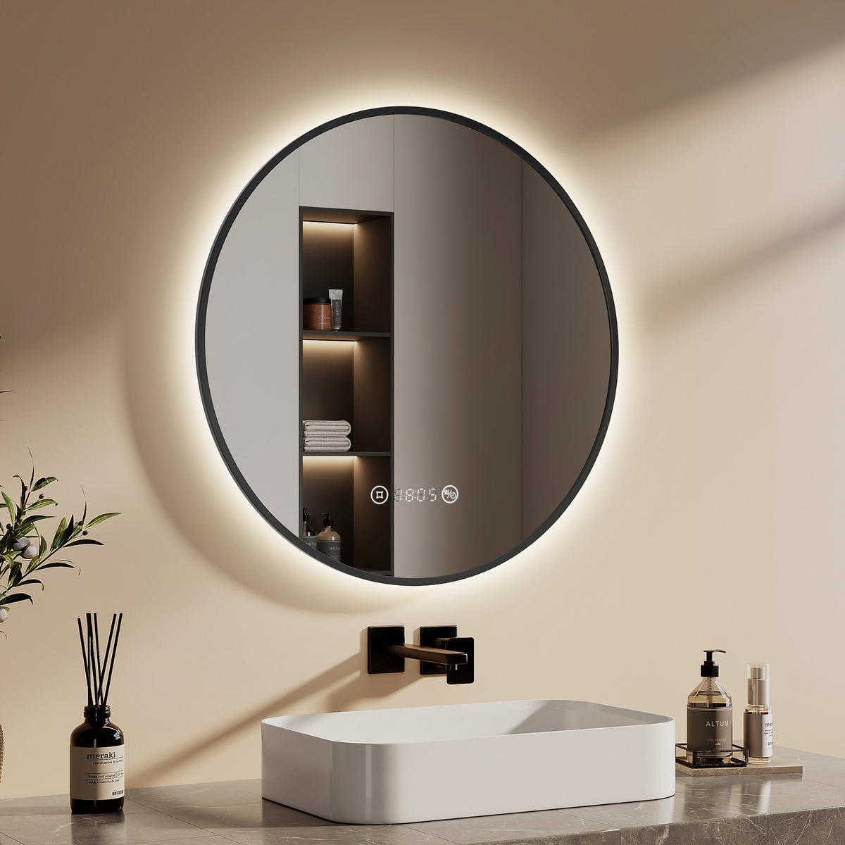 BADSPIEGEL Rund mit Beleuchtung Schwarz ф70 cm - Schwarz, Glas (70/3.1/70cm) - EMKE