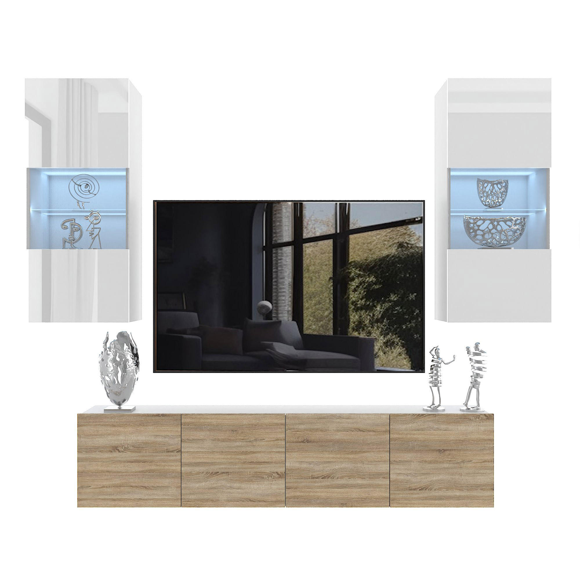 WOHNWAND Milano 7, Weiß/Sonoma Eiche, 200 cm, Grifflos - Weiß, Holz (200/115/36cm) - B BELINI GROUP