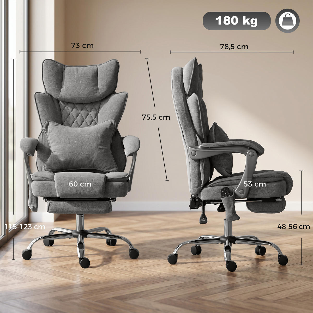 BÜROSTUHL Polyester Grau - Silberfarben/Grau, Kunststoff/Textil (73/123/78.5cm) - HOMCOM