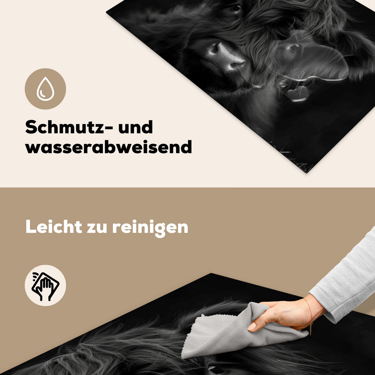 HERDABDECKPLATTE Scottish Highlander - Schwarz - Kalb - Kuh Induktionsmatte 81x52 cm - Schwarz, Kunststoff (81/52/0.2cm) - MuchoWow
