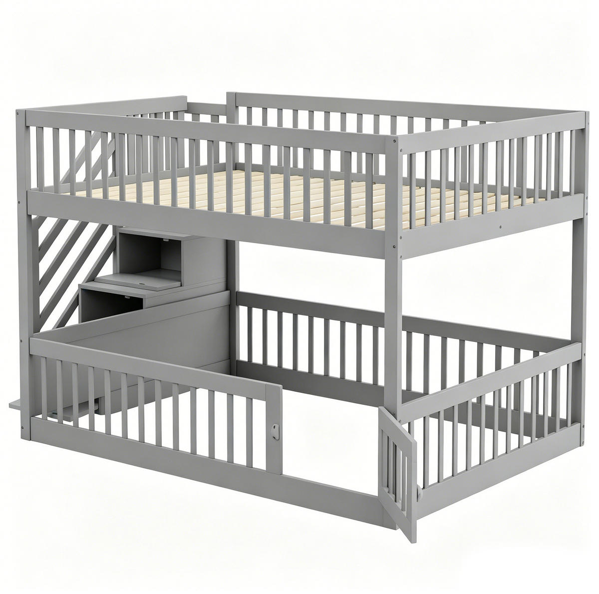 ETAGENBETT 140/200 cm mit Stauraumtreppe, Schubladen und Tür, Grau - Grau, Holzwerkstoff (140/200cm) - Redom