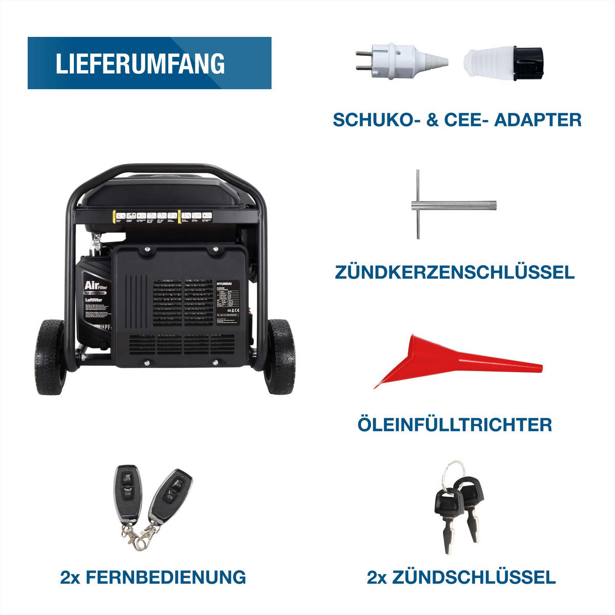 INVERTER-GENERATOR HY8000iE (8.0 kW, E-START, 2 x 230V, ECO-Modus) - Schwarz, Metall (63.5/52.5/56.8cm) - HYUNDAI