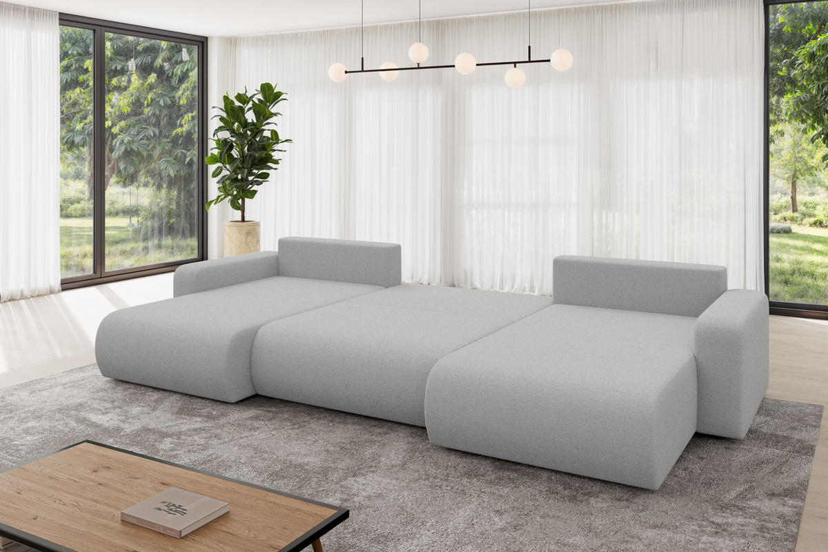 SEDACÍ SOUPRAVA DO U s funkcí spaní a úložným prostorem BERY-U 377x193x88 světle šedá bouclé - černá/stříbrná, kompozitní dřevo/textil (377/88/193cm) - ALTDECOR