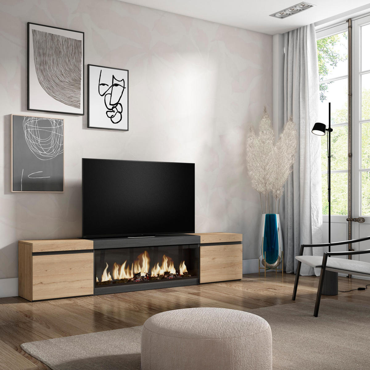 LOWBOARD, Tv-Schrank Elektrokamin XXL, eiche, schwarz, 208/35/45cm - Eichefarben/Multicolor, Holzwerkstoff (208/45/35cm) - Skraut Home