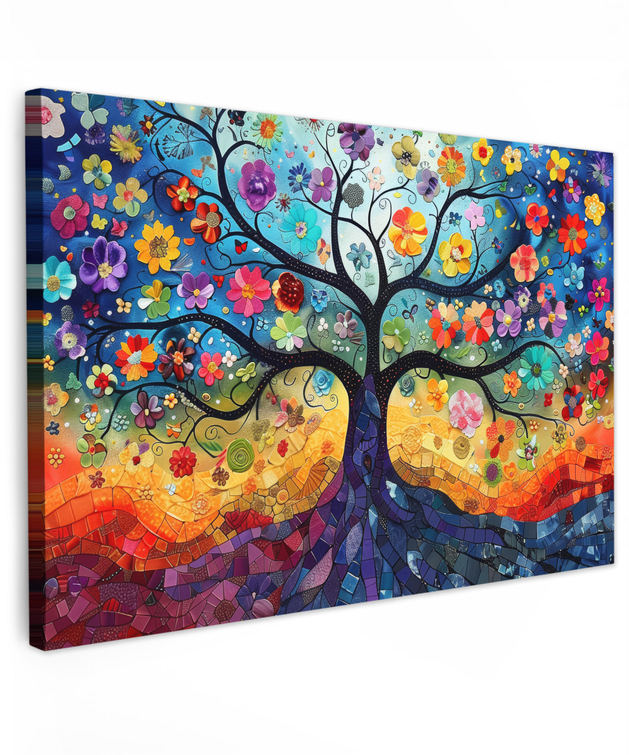LEINWANDBILD Kunst - Baum des Lebens - Blumen - Hippie Wohnzimmer 120x80 cm - Dunkelblau, Textil (120/80cm) - MuchoWow