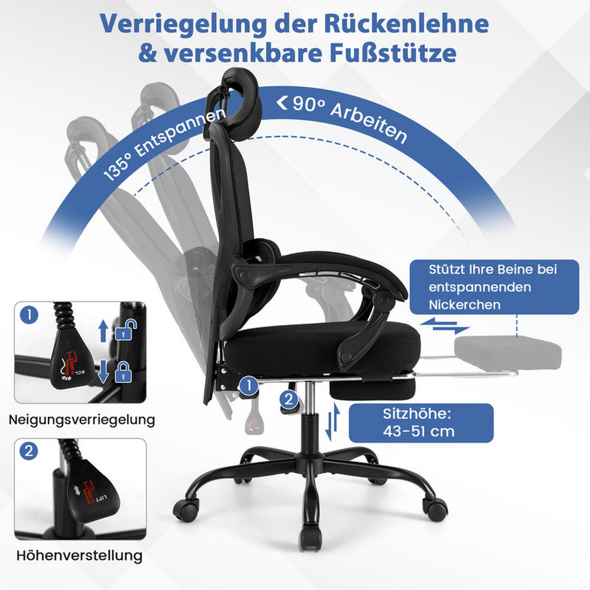 BÜROSTUHL mit ausziehbarer Fußstütze schwarz - Schwarz, Metall (70/114/70cm) - COSTWAY