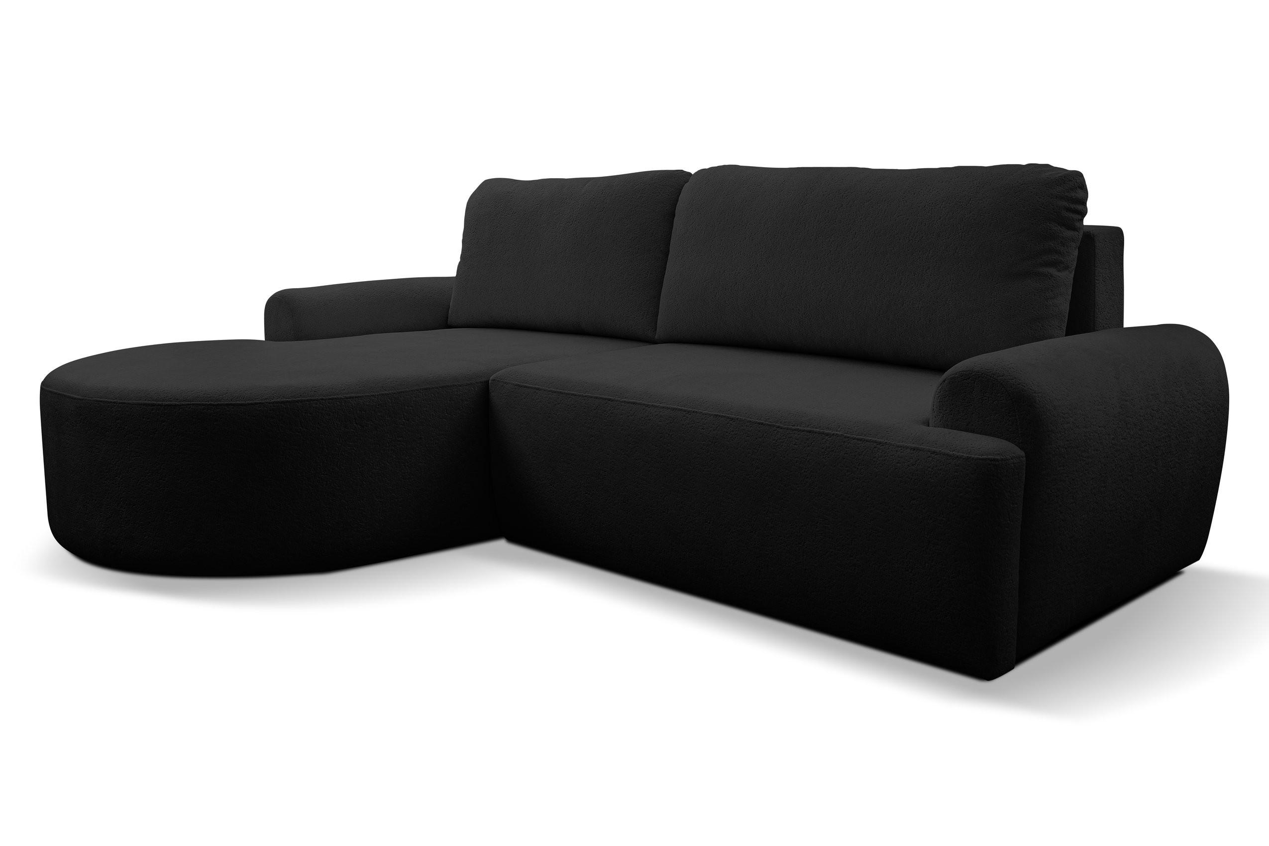 ECKSOFA Dream in L-Form mit Schlaffunktion und Bettkasten, Farbe: Schwarz, Bouclé-Stoff, Ottomane Links - Schwarz, Textil (136/260cm) - VENASI MÖBEL