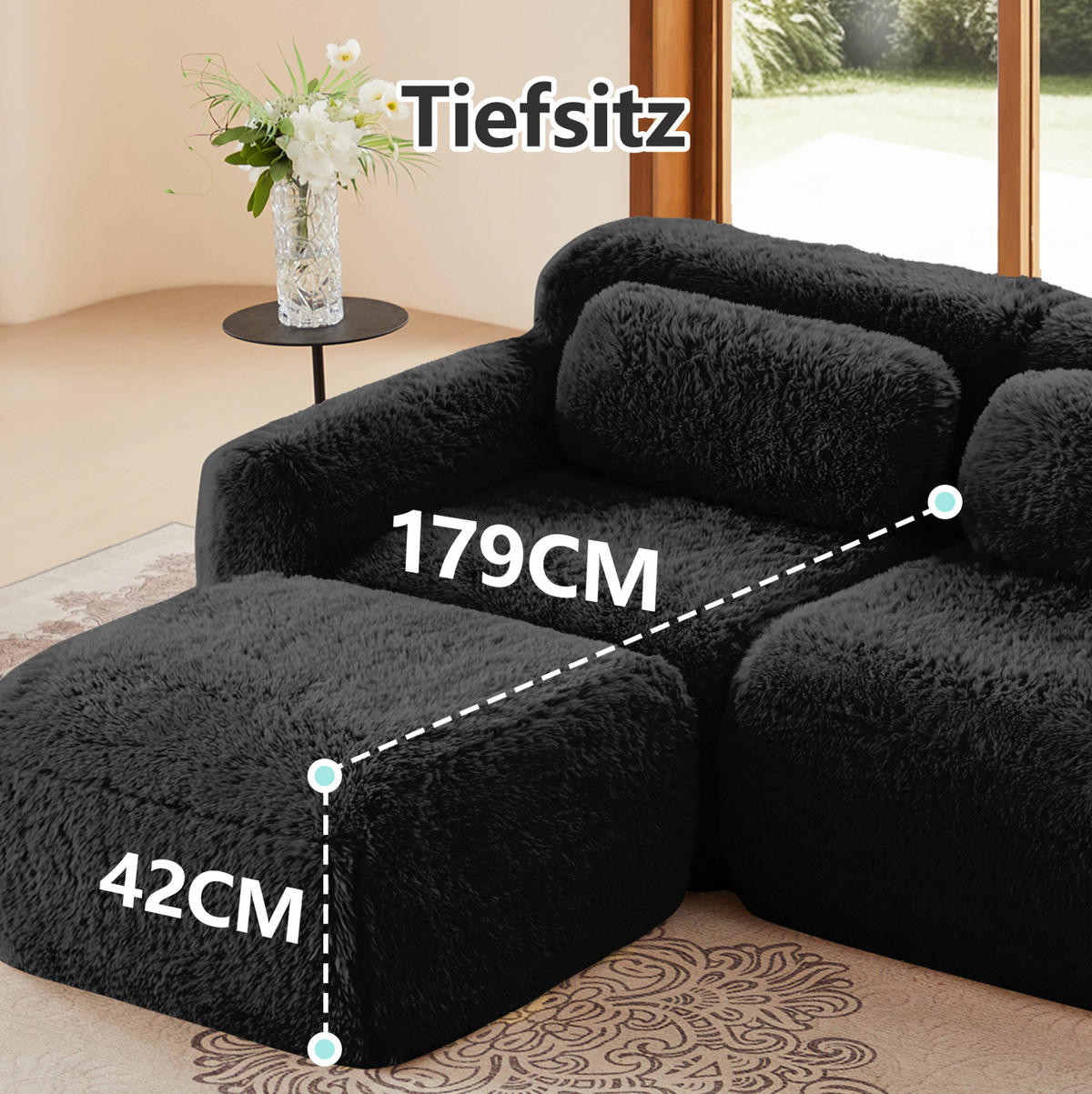 ECKSOFA aus Plüsch in Schwarz mit modularem Design - Schwarz, Textil (179/73/204cm) - Modfu
